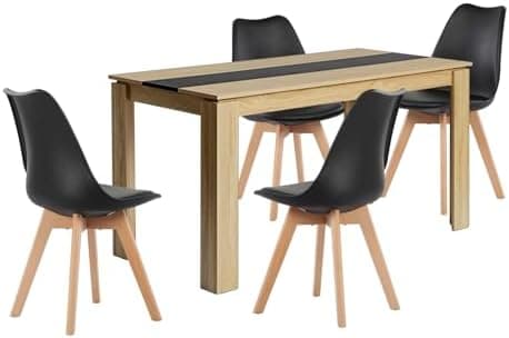 Esszimmergruppe Esstisch 120CM Rechteckig Holz + 4er Stühle grau Eiche-Weiß Tischbein für Wohnzimmer Küche Büro