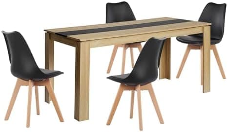 Esszimmergruppe Esstisch 120CM Rechteckig Holz + 4er Stühle grau Eiche-Weiß Tischbein für Wohnzimmer Küche Büro