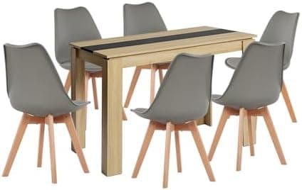 Esszimmergruppe Esstisch 120CM Rechteckig Holz + 4er Stühle grau Eiche-Weiß Tischbein für Wohnzimmer Küche Büro