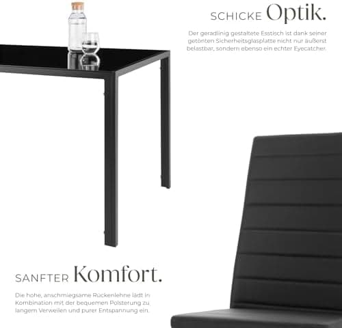 Tectake Essgruppe Set - stabil, modern, schwarz | Tisch und 4X Stuhl | Kunstleder, Sicherheitsglas | für Familie und Fre