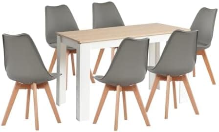 Esszimmergruppe Esstisch 120CM Rechteckig Holz + 4er Stühle grau Eiche-Weiß Tischbein für Wohnzimmer Küche Büro