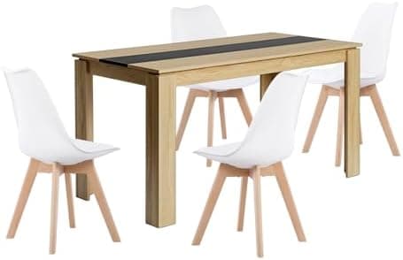 Esszimmergruppe Esstisch 120CM Rechteckig Holz + 4er Stühle grau Eiche-Weiß Tischbein für Wohnzimmer Küche Büro