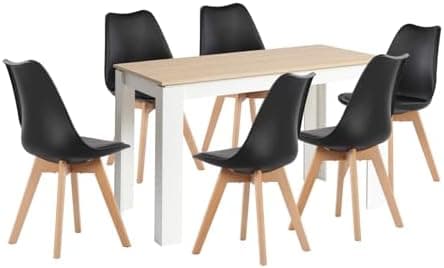 Esszimmergruppe Esstisch 120CM Rechteckig Holz + 4er Stühle grau Eiche-Weiß Tischbein für Wohnzimmer Küche Büro
