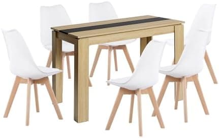 Esszimmergruppe Esstisch 120CM Rechteckig Holz + 4er Stühle grau Eiche-Weiß Tischbein für Wohnzimmer Küche Büro