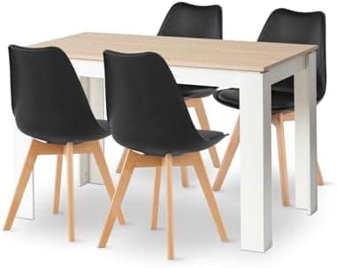 Esszimmergruppe Esstisch 120CM Rechteckig Holz + 4er Stühle grau Eiche-Weiß Tischbein für Wohnzimmer Küche Büro