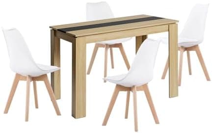 Esszimmergruppe Esstisch 120CM Rechteckig Holz + 4er Stühle grau Eiche-Weiß Tischbein für Wohnzimmer Küche Büro