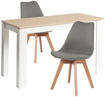 Esszimmergruppe Esstisch 120CM Rechteckig Holz + 4er Stühle grau Eiche-Weiß Tischbein für Wohnzimmer Küche Büro