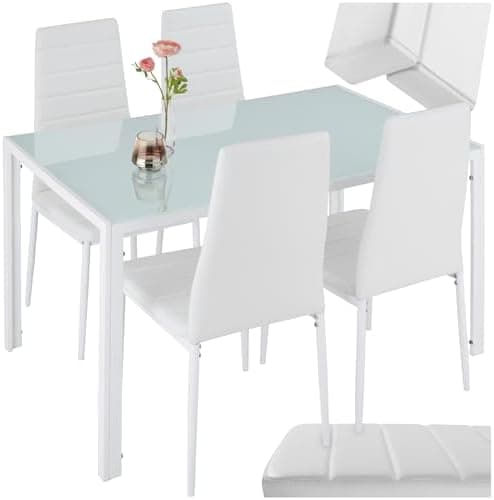 Tectake Essgruppe Set - stabil, modern, schwarz | Tisch und 4X Stuhl | Kunstleder, Sicherheitsglas | für Familie und Fre