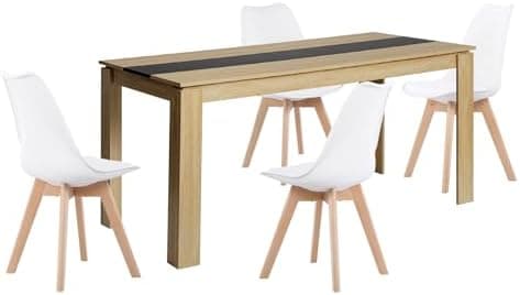 Esszimmergruppe Esstisch 120CM Rechteckig Holz + 4er Stühle grau Eiche-Weiß Tischbein für Wohnzimmer Küche Büro