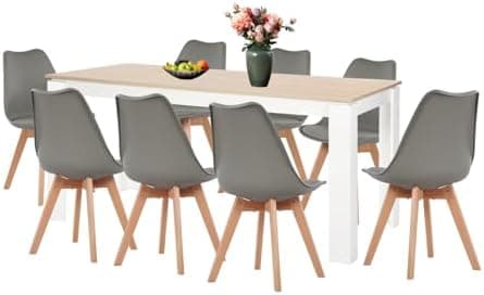 Esszimmergruppe Esstisch 120CM Rechteckig Holz + 4er Stühle grau Eiche-Weiß Tischbein für Wohnzimmer Küche Büro