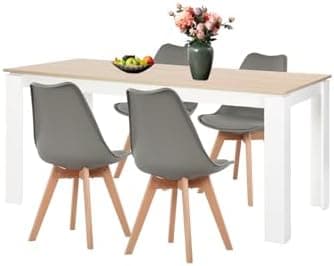 Esszimmergruppe Esstisch 120CM Rechteckig Holz + 4er Stühle grau Eiche-Weiß Tischbein für Wohnzimmer Küche Büro