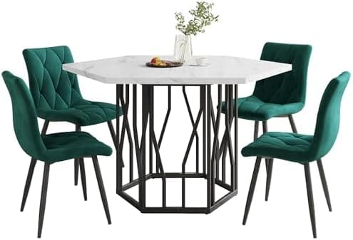 HAUSPROFI Schwarz + Gold Esstisch 5-teiliges Set Küchen Esszimmer Wohnzimmer Sechseckiger Esstisch 115.5x100x75cm mit 4
