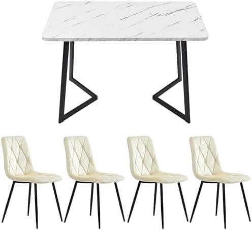 Modern Küchentisch Set Essgruppe 117x68cm Rechteckig 4 Stühle Dunkelgrau Twill Leinentuch(Schwarze Tischbeine)