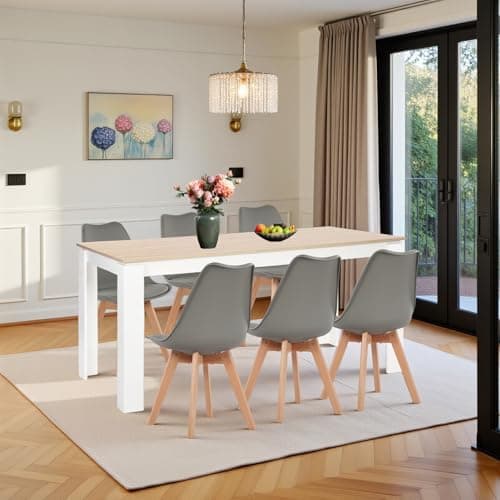 Esszimmergruppe Esstisch 120CM Rechteckig Holz + 4er Stühle grau Eiche-Weiß Tischbein für Wohnzimmer Küche Büro
