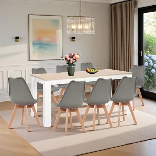 Esszimmergruppe Esstisch 120CM Rechteckig Holz + 4er Stühle grau Eiche-Weiß Tischbein für Wohnzimmer Küche Büro