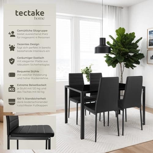 Tectake Essgruppe Set - stabil, modern, schwarz | Tisch und 4X Stuhl | Kunstleder, Sicherheitsglas | für Familie und Fre