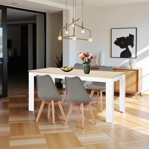 Esszimmergruppe Esstisch 120CM Rechteckig Holz + 4er Stühle grau Eiche-Weiß Tischbein für Wohnzimmer Küche Büro