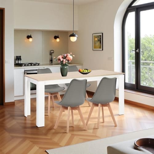 Esszimmergruppe Esstisch 120CM Rechteckig Holz + 4er Stühle grau Eiche-Weiß Tischbein für Wohnzimmer Küche Büro
