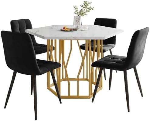 HAUSPROFI Schwarz + Gold Esstisch 5-teiliges Set Küchen Esszimmer Wohnzimmer Sechseckiger Esstisch 115.5x100x75cm mit 4