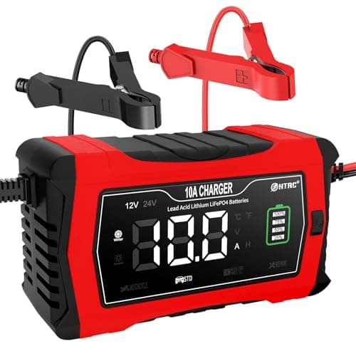 HTRC 16A Autobatterieladegerät, 6V/12V/24V-Ladegerät für Autofahrer, Motorrad- und Rasenmähernutzung, Lithium und LiFePO