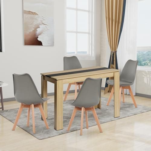 Esszimmergruppe Esstisch 120CM Rechteckig Holz + 4er Stühle grau Eiche-Weiß Tischbein für Wohnzimmer Küche Büro