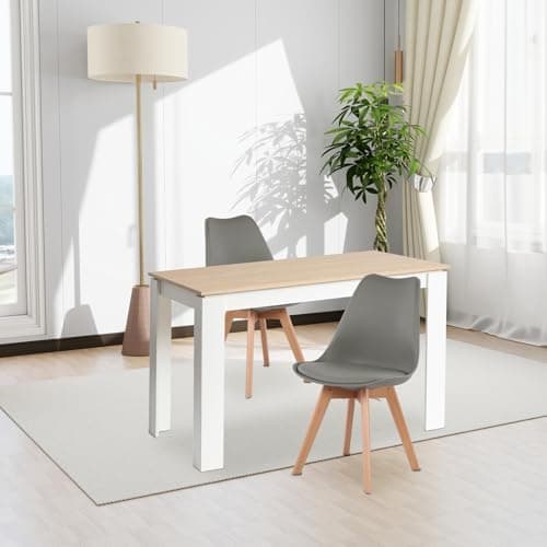 Esszimmergruppe Esstisch 120CM Rechteckig Holz + 4er Stühle grau Eiche-Weiß Tischbein für Wohnzimmer Küche Büro