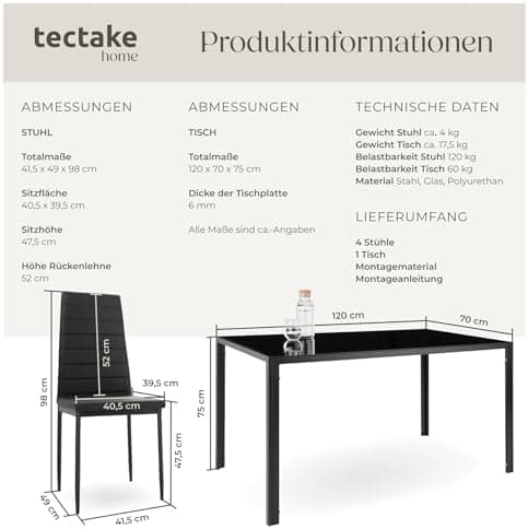 Tectake Essgruppe Set - stabil, modern, schwarz | Tisch und 4X Stuhl | Kunstleder, Sicherheitsglas | für Familie und Fre