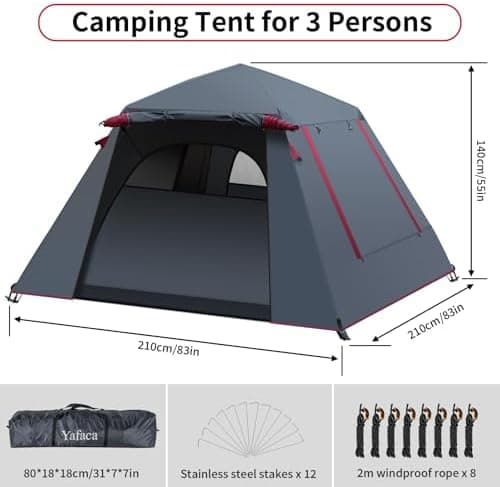 Camping Zelt 3 Personen Große Wasserdicht Automatisches Wurfzelt für Familien mit 2 Regendichten und 2 Schichten