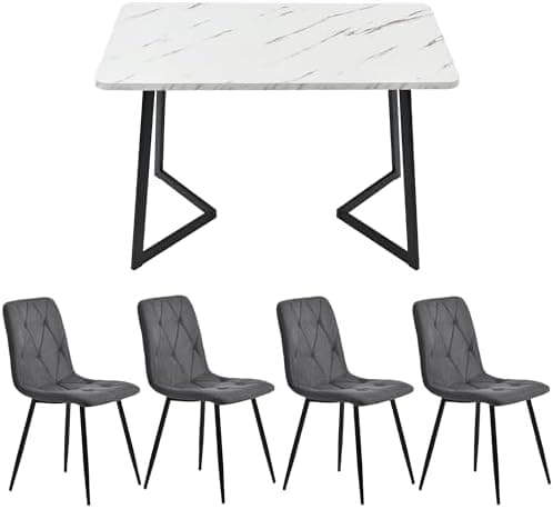 Modern Küchentisch Set Essgruppe 117x68cm Rechteckig 4 Stühle Dunkelgrau Twill Leinentuch(Schwarze Tischbeine)