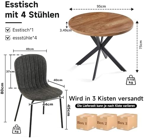 NORDICANA Grauer Esstisch Set 4er Stühle für Küche und Büro