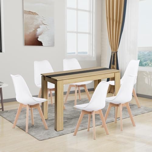 Esszimmergruppe Esstisch 120CM Rechteckig Holz + 4er Stühle grau Eiche-Weiß Tischbein für Wohnzimmer Küche Büro