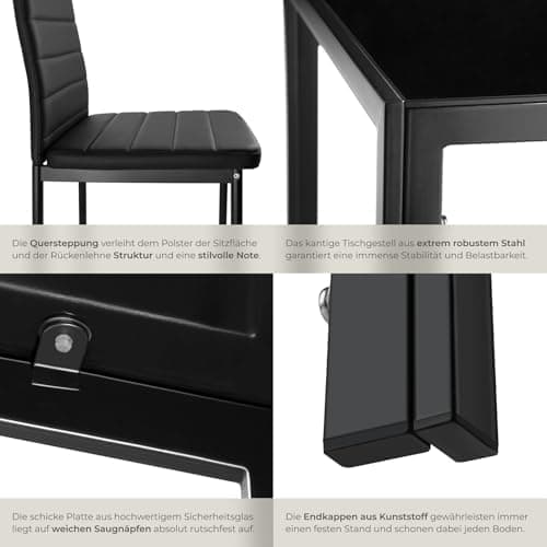 Tectake Essgruppe Set - stabil, modern, schwarz | Tisch und 4X Stuhl | Kunstleder, Sicherheitsglas | für Familie und Fre