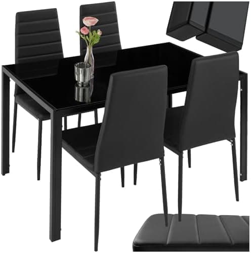 Tectake Essgruppe Set - stabil, modern, schwarz | Tisch und 4X Stuhl | Kunstleder, Sicherheitsglas | für Familie und Fre