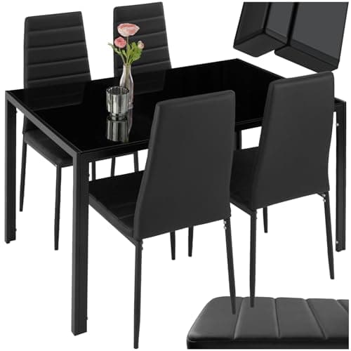 Tectake Essgruppe Set - stabil, modern, schwarz | Tisch und 4X Stuhl | Kunstleder, Sicherheitsglas | für Familie und Fre