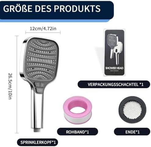 Duschbrause Duschkopf – Wassersparender Duschkopf mit 8 Strahlarten und Stoppfunktion, groß, Silber Chrom