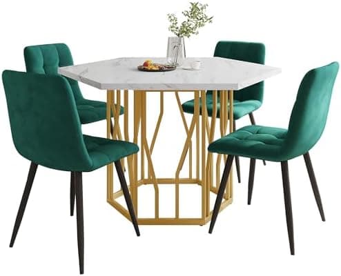 HAUSPROFI Schwarz + Gold Esstisch 5-teiliges Set Küchen Esszimmer Wohnzimmer Sechseckiger Esstisch 115.5x100x75cm mit 4