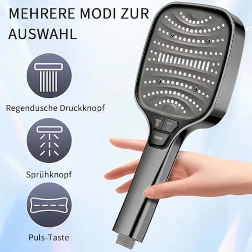 Duschbrause Duschkopf – Wassersparender Duschkopf mit 8 Strahlarten und Stoppfunktion, groß, Silber Chrom