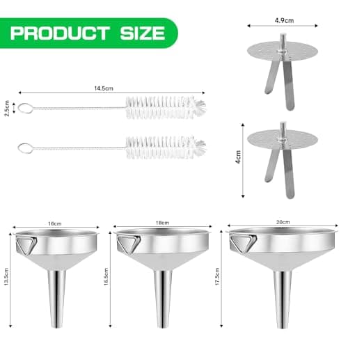 Edelstahl Trichter Set für Küche mit Griff und Sieb 200 Mesh Filter Reinigungsbürste Einfülltrichter 9 Stk