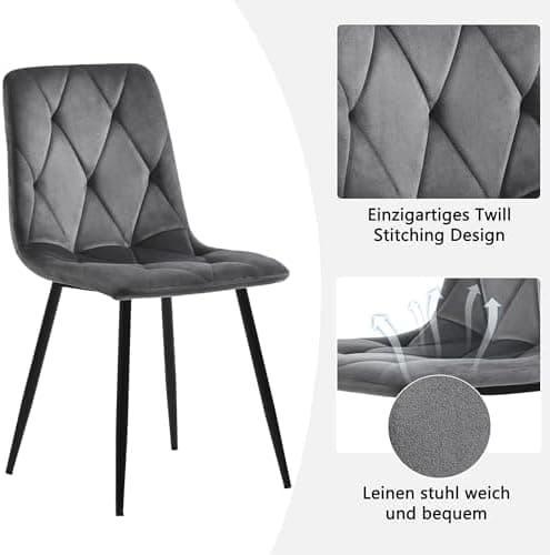 Modern Küchentisch Set Essgruppe 117x68cm Rechteckig 4 Stühle Dunkelgrau Twill Leinentuch(Schwarze Tischbeine)