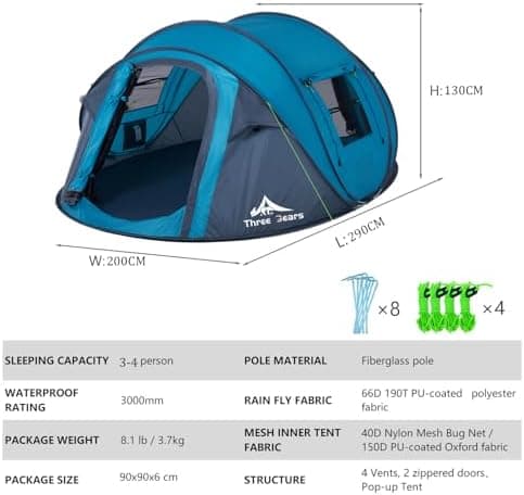 Three Bears 3-4 Personen Zelt - Schnell & Einfach aufbaufbar, Ideal für Camping & Outdoor-Abenteuer - Automatischer Aufb