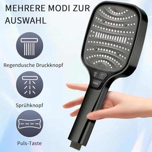 Duschbrause Duschkopf – Wassersparender Duschkopf mit 8 Strahlarten und Stoppfunktion, groß, Silber Chrom