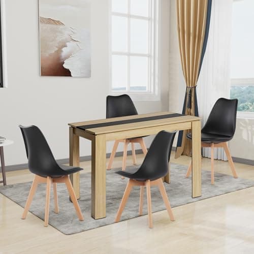 Esszimmergruppe Esstisch 120CM Rechteckig Holz + 4er Stühle grau Eiche-Weiß Tischbein für Wohnzimmer Küche Büro
