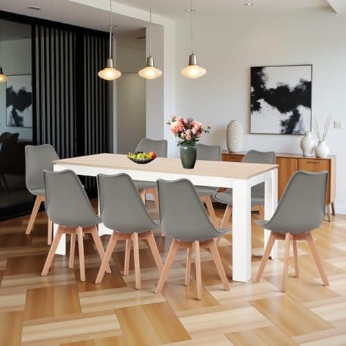 Esszimmergruppe Esstisch 120CM Rechteckig Holz + 4er Stühle grau Eiche-Weiß Tischbein für Wohnzimmer Küche Büro