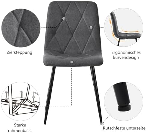 Modern Küchentisch Set Essgruppe 117x68cm Rechteckig 4 Stühle Dunkelgrau Twill Leinentuch(Schwarze Tischbeine)