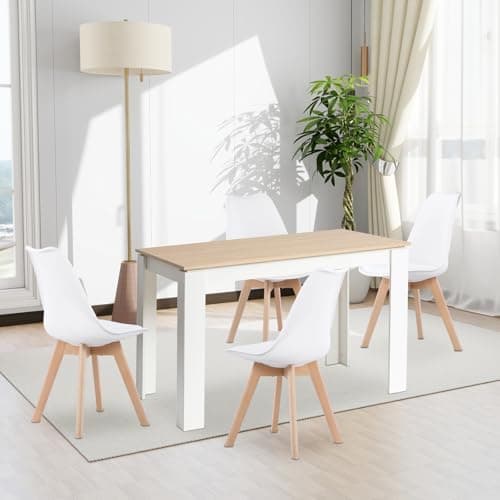 Esszimmergruppe Esstisch 120CM Rechteckig Holz + 4er Stühle grau Eiche-Weiß Tischbein für Wohnzimmer Küche Büro