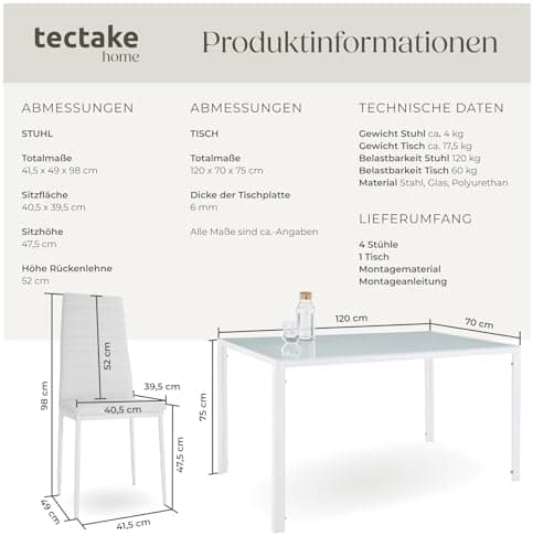 Tectake Essgruppe Set - stabil, modern, schwarz | Tisch und 4X Stuhl | Kunstleder, Sicherheitsglas | für Familie und Fre