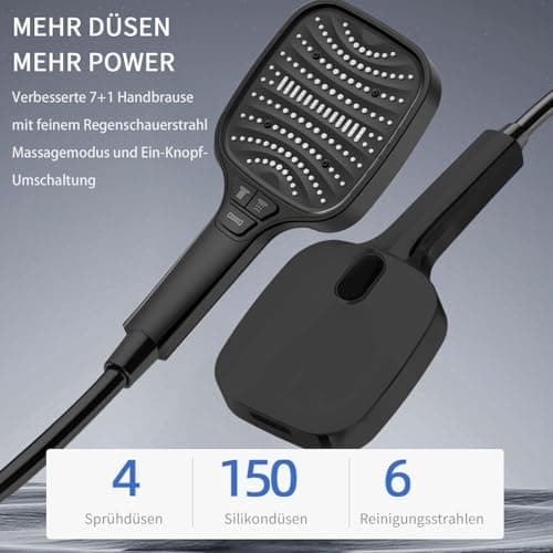 Duschbrause Duschkopf – Wassersparender Duschkopf mit 8 Strahlarten und Stoppfunktion, groß, Silber Chrom