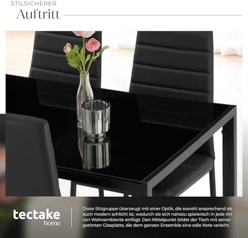 Tectake Essgruppe Set - stabil, modern, schwarz | Tisch und 4X Stuhl | Kunstleder, Sicherheitsglas | für Familie und Fre