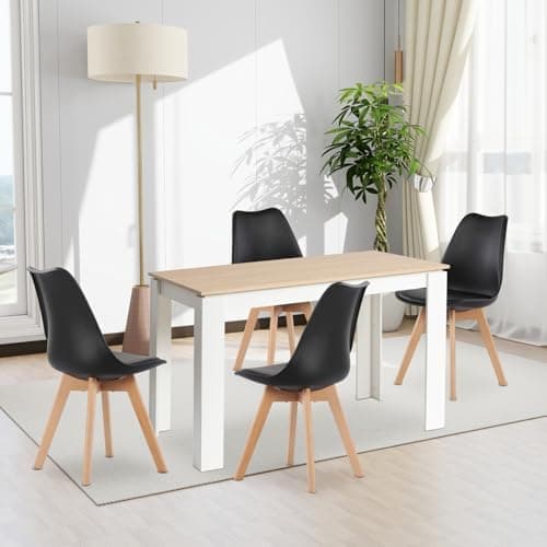 Esszimmergruppe Esstisch 120CM Rechteckig Holz + 4er Stühle grau Eiche-Weiß Tischbein für Wohnzimmer Küche Büro