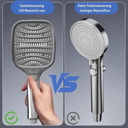 Duschbrause Duschkopf – Wassersparender Duschkopf mit 8 Strahlarten und Stoppfunktion, groß, Silber Chrom